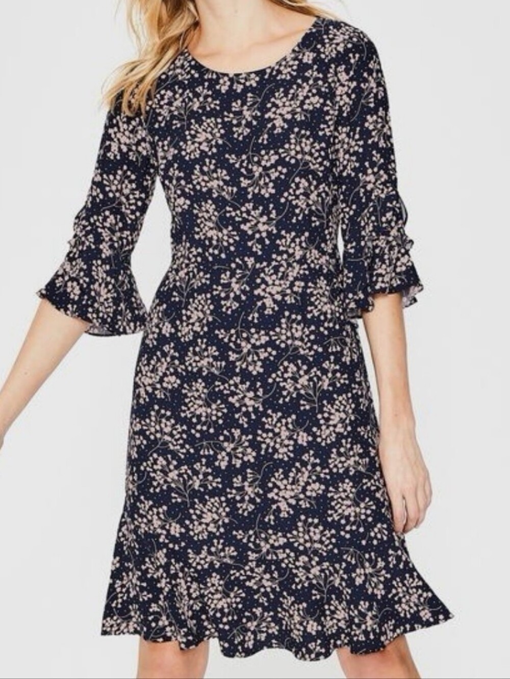 Boden Indie Navy & Pink Floral Bloom 3/4 Bell Sleeve Flutter Hem Midi Dress